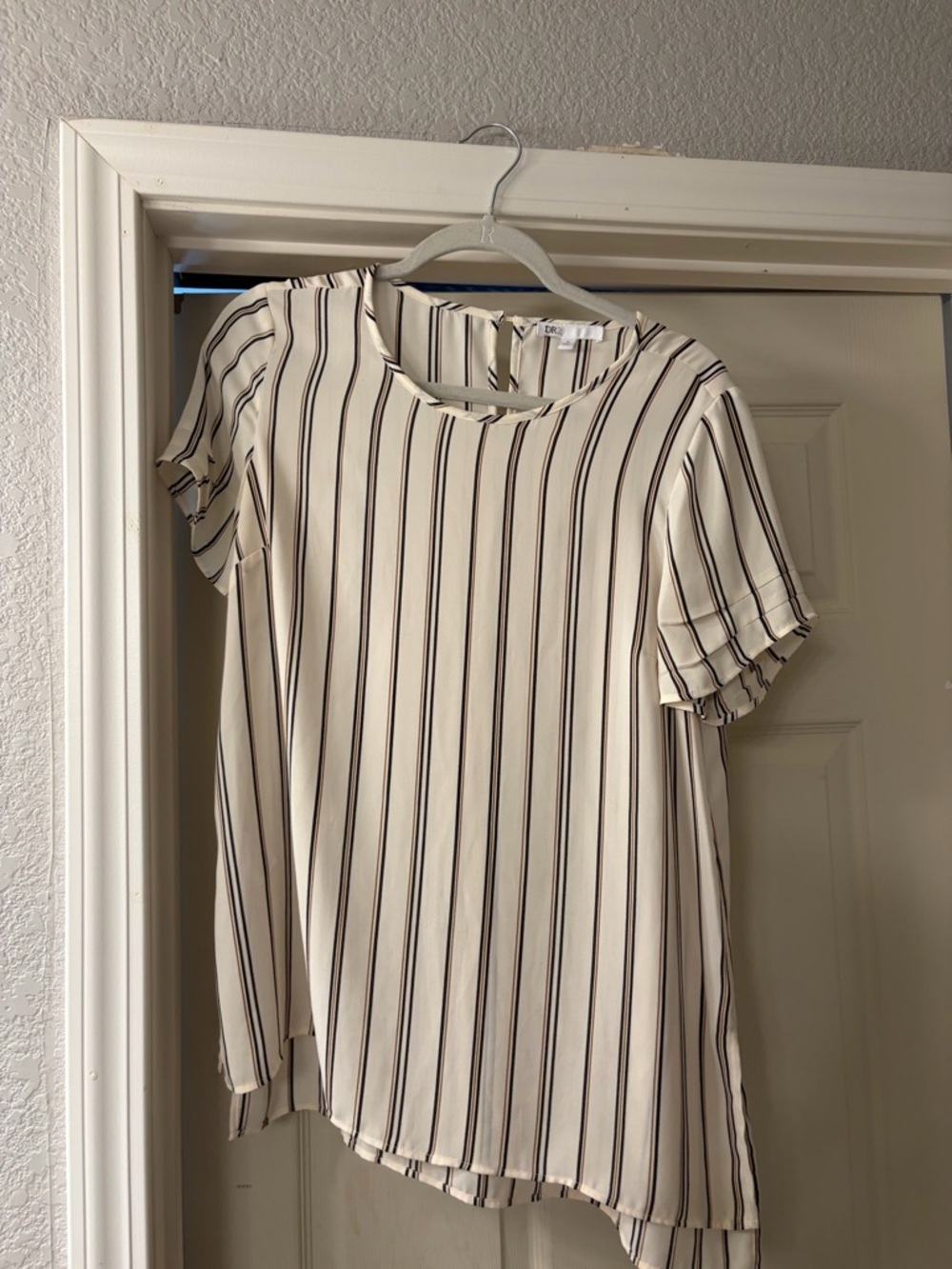 DR2 Cream Blouse with Black Vertical Stripes - Short Sleeve